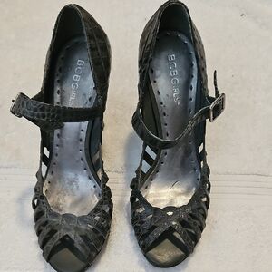 BCBGeneration Dark Green Woven Mary Jane Peep-Toe Heels with Ankle Strap